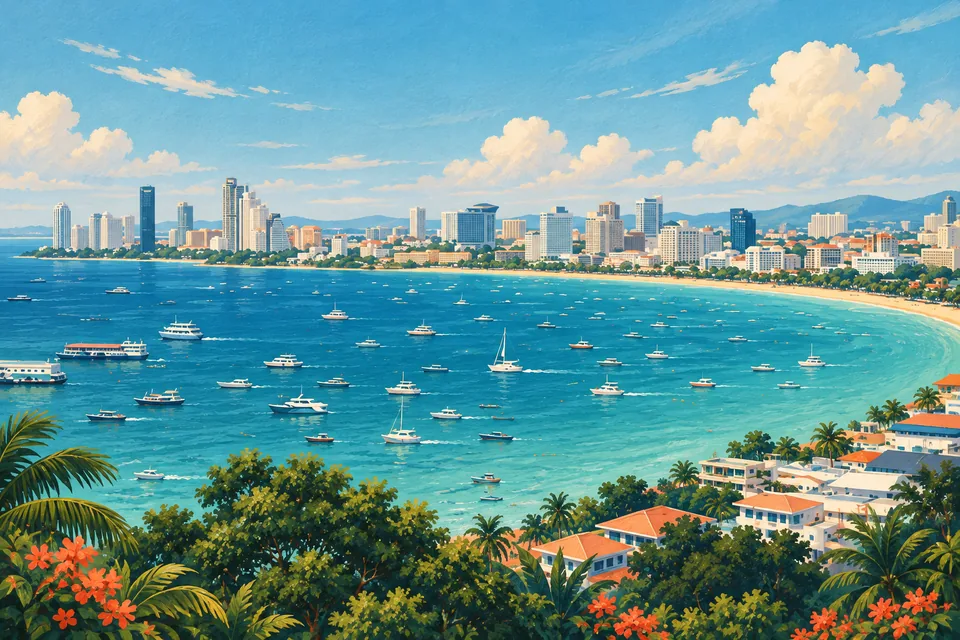 AI-assisted illustration of Pattaya Bay, based on a photograph by Suicasmo