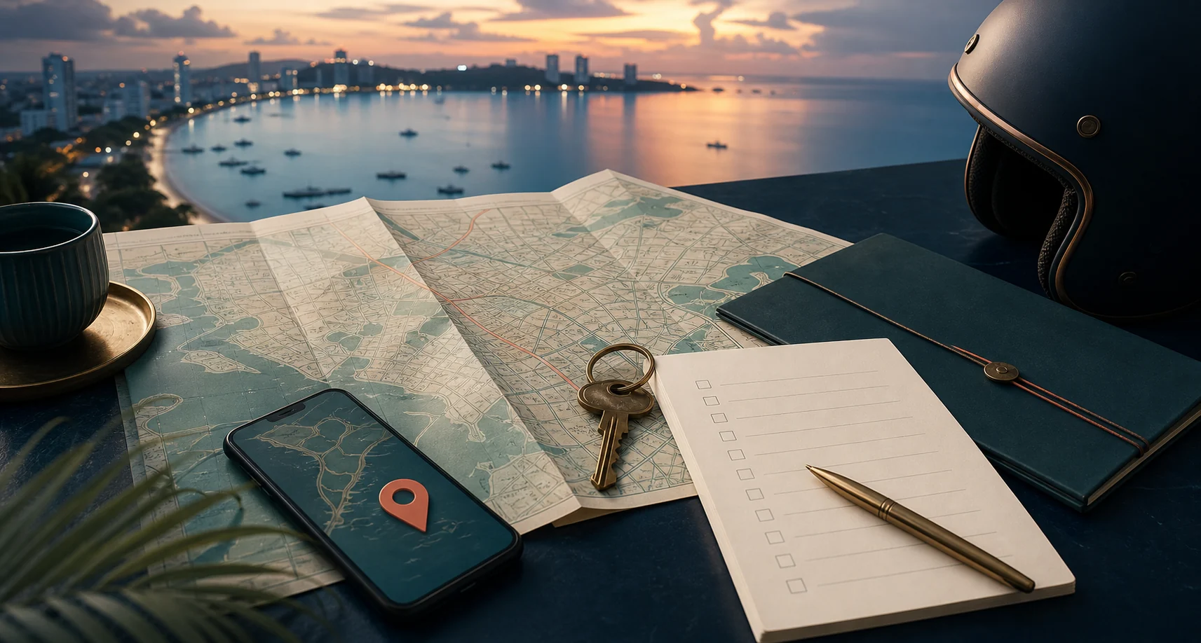 Illustrative relocation planning desk overlooking Pattaya Bay, with a map, key, checklist and phone
